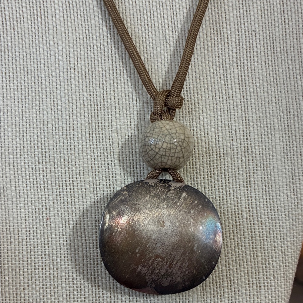 Vintage 32” gold cord Brown and Silver patina Pendant Necklace